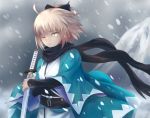  ahoge bk201 black_bow black_scarf blonde_hair bow cloud cloudy_sky eyebrows_visible_through_hair fate/grand_order fate_(series) hair_between_eyes hair_bow haori holding holding_sword holding_weapon japanese_clothes kimono looking_at_viewer obi okita_souji_(fate) okita_souji_(fate)_(all) one_eye_closed outdoors sash scarf sheath sheathed short_hair short_ponytail sky snowing solo standing sword weapon white_kimono yellow_eyes 