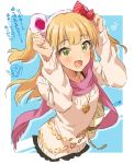  :d animal_ears beige_sweater blonde_hair blue_background blush fake_animal_ears fang hairband heart_ring idolmaster idolmaster_cinderella_girls jewelry jougasaki_rika long_hair necklace open_mouth p-head_producer pink_scarf scarf smile solo translation_request two_side_up yellow_eyes zattape 