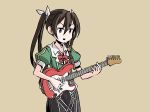  &gt;:) :d adrian_ferrer black_hair electric_guitar guitar hair_ribbon instrument kantai_collection music neck_ribbon open_mouth playing_instrument puffy_short_sleeves puffy_sleeves ribbon short_sleeves simple_background smile solo tone_(kantai_collection) twintails v-shaped_eyebrows 