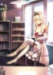  bangs bare_shoulders black_footwear blonde_hair blue_eyes blurry_foreground blush book braid breasts closed_mouth commentary_request corset crossed_legs crown desk dress flower french_braid garter_straps h_(hhhhhh4649) hair_between_eyes hairband high_heels indoors jewelry kantai_collection long_hair long_sleeves looking_at_viewer mary_janes mini_crown necklace off-shoulder_dress off_shoulder on_chair reading red_flower red_ribbon red_rose ribbon rose shoes sidelocks sitting smile solo thighhighs thighs warspite_(kantai_collection) white_dress white_legwear 