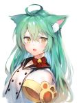  absurdres ahoge akashi_(azur_lane) animal_ears azur_lane bangs bell bell_collar blush cat_ears collar green_hair hair_between_eyes highres jingle_bell long_hair looking_at_viewer simple_background umibouzu_(niito) upper_body white_background yellow_eyes 