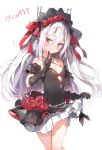  :q absurdres azur_lane bangs black_dress black_gloves blush breasts cleavage commentary_request dress dress_lift elbow_gloves gloves hair_between_eyes highres long_hair medium_breasts red_eyes solo standing tongue tongue_out umibouzu_(niito) vampire_(azur_lane) white_background white_hair 