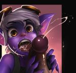  1girl artist_request cum cum_in_mouth fellatio fingernails goggles goggles_on_head hetero highres league_of_legends oral penis pointy_ears purple_skin sharp_fingernails solo_focus teeth tristana uncensored white_hair yellow_eyes yordle 
