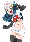  1girl alternate_costume beanie blue_eyes blue_hair blush cosplay hainchu hat hikari_(pokemon) midriff miniskirt navel pokemon pokemon_(anime) skirt solo stomach team_rocket team_rocket_uniform thighhighs 