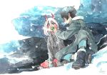  1girl bandages black_footwear black_hair boots candy coat commentary_request couple darling_in_the_franxx doinjang888 food fur_boots fur_trim grey_coat hiro_(darling_in_the_franxx) holding_candy horns long_hair oni_horns parka pink_hair red_sclera red_skin spoilers winter_clothes winter_coat zero_two_(darling_in_the_franxx) 