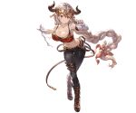  aliza_(granblue_fantasy) bandaged_arm bandages bare_shoulders boots braid breasts cleavage collarbone draph full_body granblue_fantasy hair_ornament hair_ribbon horn horns large_breasts long_hair looking_to_the_side midriff minaba_hideo navel official_art pants pointy_ears red_eyes ribbon smile solo standing tank_top transparent_background very_long_hair white_hair 