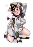  2014 anthro black_hair blush breasts brown_eyes clothed clothing female gundam hair hat jitenshasw kneeling long_hair mammal murrue_ramius open_mouth pig porcine simple_background slightly_chubby solo surprise torn_clothing transformation uniform weight_gain white_background 