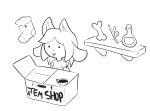  2015 :3 ambiguous_gender black_and_white bone box clothing cup english_text feral itsunknownanon legwear monochrome potion simple_background socks solo stick tea_cup tem temmie_(undertale) text tongue tongue_out undertale video_games 