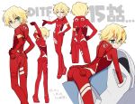  :p blonde_hair bodysuit darling_in_the_franxx episode_number green_eyes male_focus mt.somo nine_alpha pilot_suit poses red_bodysuit simple_background tongue tongue_out white_background 