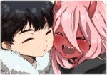  1girl black_hair blush buretaro closed_eyes coat commentary_request couple darling_in_the_franxx fur_trim hiro_(darling_in_the_franxx) horns long_hair oni_horns parka pink_hair red_eyes tears zero_two_(darling_in_the_franxx) 