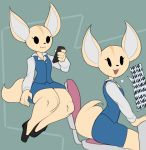  2_arms 5_fingers :3 aggressive_retsuko anthro black_eyes black_footwear button_(fastener) canine captainkirb cellphone chair clothed clothing digital_drawing_(artwork) digital_media_(artwork) english_text eyelashes female fennec fenneko footwear fox fur holding_object holding_phone humanoid_hands laugh long_ears long_sleeve looking_aside looking_at_viewer mammal markings multicolored_fur office_chair open_mouth owo phone sanrio simple_background sitting skirt smile solo text thick_thighs two_tone_fur uniform vest 