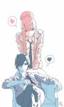  1girl couple crossed_legs darling_in_the_franxx flat_color hair_over_one_eye highres hiro_(darling_in_the_franxx) horns kjlbs long_hair multiple_monochrome necktie oni_horns open_clothes open_shirt pink_hair scar shirt sitting zero_two_(darling_in_the_franxx) 
