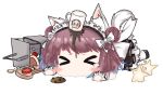  &gt;_&lt; animal_ears azur_lane bailingxiao_jiu black_footwear black_skirt blush bow brown_hair chibi closed_eyes closed_mouth coffee coffee_mug cup double_bun facing_viewer food hair_bow lying maid_headdress mug on_stomach pantyhose pleated_skirt sandwich shiratsuyu_(azur_lane) shirt side_bun simple_background skirt solo star tail tears waitress white_background white_bow white_legwear white_shirt wolf_ears wolf_girl wolf_tail wrist_cuffs 