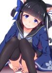  animal_ears azur_lane bangs bell black_hair black_legwear black_sailor_collar black_skirt blue_bow blue_eyes blue_ribbon blunt_bangs blush bow cat_ears cat_girl cat_tail closed_mouth collarbone commentary_request crossed_fingers eyebrows_visible_through_hair fingernails grey_shirt hair_bow hair_ribbon hatsuharu_(azur_lane) head_tilt jingle_bell long_sleeves natsumi_akira panties pink_panties ribbon sailor_collar school_uniform serafuku shirt simple_background sitting skirt solo tail thighhighs two_side_up underwear white_background wide_sleeves 