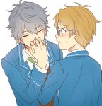  2boys blonde_hair ensemble_stars! grey_hair hand_kiss kiss male male_focus multiple_boys school_uniform sena_izumi_(ensemble_stars!) yaoi yuuki_makoto 