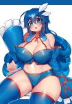  1girl blue_bra blue_eyes blue_gloves blue_hair blue_legwear blue_panties blush bra breasts cleavage commentary commission creatures_(company) curvy elbow_gloves english_commentary eyebrows_visible_through_hair game_freak gen_3_pokemon gloves hair_between_eyes hair_ornament head_tilt highres huge_breasts kyogre long_hair looking_at_viewer nintendo o-ring o-ring_top osiimi panties parted_lips patreon_username personification pokemon signature solo thick_thighs thighhighs thighs underwear white_background wide_hips 