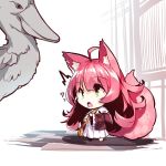  1girl ahoge animal animal_ears bag bangs barefoot bird brown_jacket chibi dress eyebrows_visible_through_hair fox_ears fox_girl fox_tail green_eyes hair_between_eyes jacket long_hair long_sleeves looking_away original outdoors pink_hair pleated_dress shoebill shoulder_bag sidelocks solo standing surprised tail very_long_hair white_dress wide_sleeves yuuji_(yukimimi) 