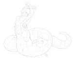  abdominal_bulge breasts bulge cownugget eyes_closed female liara_(microphone) monochrome naga nipples pussy reptile scales scalie simple_background snake spots stretching stripes vore white_background 