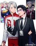  &gt;_&lt; artist_name black_gloves black_hair blazer blowing_nose blue-framed_eyewear blue_eyes brown_eyes formal gearous glasses gloves hair_slicked_back hand_on_another's_shoulder jacket katsudon_(food) katsuki_yuuri lanyard male_focus microphone multiple_boys necktie open_mouth role_reversal silver_hair smile sparkle star suit tissue tissue_box track_suit viktor_nikiforov yuri!!!_on_ice 