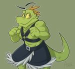  4_fingers ahnik anthro belt clenched_fists clothed clothing crest green_background harness male reptile scales scalie simple_background solo yellow_sclera 