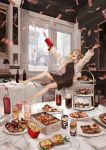  alcohol arms_up barefoot blonde_hair bottle cash_cannon collar firing food french_fries gun highres interior jacket jumping lm7_(op-center) midair money motion_blur original outstretched_arms pizza red_eyes solo spread_arms table tablecloth tiered_tray twintails weapon white_jacket wine_bottle 