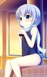  absurdres bangs blue_eyes blue_hair blush braid covered_navel gochuumon_wa_usagi_desu_ka? hair_bobbles hair_ornament hand_up highres indoors kafuu_chino long_hair scarf sitting solo swimsuit thesdroz white_scarf 