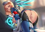  1girl adapted_costume aftersex areolae ass bent_over blonde_hair blue_eyes breasts cian_yo cum cum_on_ass cum_on_pussy from_behind hat looking_at_viewer looking_back mechanical_wings mercy_(overwatch) nipples overwatch parted_lips pussy solo uncensored 