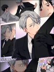  artist_name barefoot black_gloves black_hair blazer blue_eyes blush brown_eyes comic covering_face foot_kiss formal gearous gloves jacket katsuki_yuuri male_focus multiple_boys necktie silent_comic silver_hair suit viktor_nikiforov yaoi yuri!!!_on_ice 