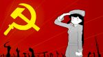  artist_request beret communism cowboy_shot drawfag flag gun hammer_and_sickle hat highres komi-san_wa_komyushou_desu komi_shouko no_mouth non-web_source pun red_background rifle salute sickle silhouette solo soviet_flag standing star weapon 