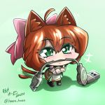  1girl android bare_shoulders black_legwear blush cat_ears chibi curly_hair freckles green_eyes green_skirt hair_bow orange_hair penny_(rwby) penny_polendina pink_bow rwby solo thighhighs 