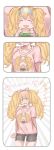  3koma :d arm_behind_back az_toride blonde_hair blue_eyes blush casual closed_eyes comic commentary_request contrapposto crying crying_with_eyes_open emphasis_lines food gambier_bay_(kantai_collection) hairband hamburger highres kantai_collection long_hair open_mouth smile solo standing tears translation_request twintails 