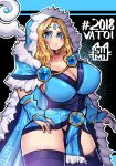  1girl bangs blonde_hair blue_cape blue_eyes blue_gloves blue_legwear blush breasts bridal_gauntlets cape character_request cleavage cowboy_shot defense_of_the_ancients dota_2 facial_mark forehead_mark fur_trim gloves holding hood hood_up hooded_cape huge_breasts long_hair looking_at_viewer osiimi parted_bangs parted_lips pelvic_curtain solo staff thighhighs 