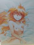  1girl blush female lina_inverse nude on_back on_bed orange_hair slayers small_breasts solo upper_body 