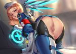  1girl adapted_costume ass bent_over blonde_hair blue_eyes cian_yo from_behind hat looking_at_viewer looking_back mechanical_wings mercy_(overwatch) overwatch parted_lips pussy solo uncensored 