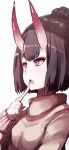  :o absurdres alternate_costume bangs beanie black_hat brown_sweater fang fate/grand_order fate_(series) finger_to_mouth fingernails hat highres horns long_sleeves looking_away oni oni_horns open_mouth protected_link purple_eyes purple_hair short_hair shuten_douji_(fate/grand_order) simple_background solo sweater thick_eyebrows wada_kazu white_background 