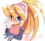  bangs blonde_hair blue_eyes blush bodystocking breasts ciel_(rockman) commentary_request eyebrows_visible_through_hair gloves hair_between_eyes headgear jewelry long_hair looking_at_viewer looking_to_the_side ponytail ring rockman rockman_zero semikichi small_breasts smile solo upper_body white_gloves 
