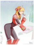  1girl alia_(rockman) bangs bent_over blonde_hair blue_eyes bodysuit breasts commentary contrapposto english_commentary from_side gloves hairband highres large_breasts long_sleeves materclaws parted_lips profile rockman rockman_x signature smile solo standing white_gloves 