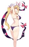  arms_up ass back bare_legs bikini blonde_hair bow breasts eyes feet_out_of_frame from_behind gap hat hat_ribbon highres long_hair looking_at_viewer maturiuta_sorato medium_breasts mob_cap open_mouth profile purple_bikini purple_eyes red_bow red_ribbon ribbon shiny shiny_skin sideboob simple_background smile solo standing string_bikini swimsuit touhou white_background white_hat yakumo_yukari 