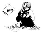  1boy anzu_(o6v6o) character_name detached_sleeves elbow_on_knee greyscale hand_on_headphones hatsune_mikuo headset high_contrast holding holding_paper legs_crossed male_focus monochrome pants paper sheet_music shirt shoes sitting solo vocaloid 
