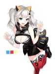  :d animal_ears bangs blue_eyes blunt_bangs boots breasts cat_ears claw_pose cleavage cleavage_cutout color_guide d-pad d-pad_hair_ornament dress eyebrows_visible_through_hair fake_animal_ears grey_hair hair_ornament hairpin highres kaguya_luna kaguya_luna_(character) large_breasts looking_at_viewer naru_(ul) obi open_mouth red_legwear sash simple_background sleeveless smile solo standing standing_on_one_leg thighhighs twintails virtual_youtuber white_background wrist_cuffs 