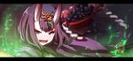  :d absurdres arm_up bangs blurry blurry_background commentary_request depth_of_field eyebrows_visible_through_hair fangs fate/grand_order fate_(series) food fruit grapes hair_ornament highres holding horns japanese_clothes kimono long_sleeves looking_at_viewer oni oni_horns open_clothes open_kimono open_mouth protected_link purple_eyes purple_hair purple_kimono shide short_hair shuten_douji_(fate/grand_order) smile solo thick_eyebrows wada_kazu wide_sleeves 