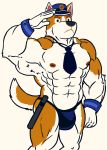  2015 5_fingers abs animal_crossing anthro baton biceps big_muscles black_eyes black_nose brown_fur bulge canine clothed clothing copper_(animal_crossing) dog fur hat hi_res hornyolcrow_(artist) huge_muscles male mammal multicolored_fur muscular muscular_male necktie nintendo nipples pecs police_baton salute shirt_cuffs simple_background solo thong topless two_tone_fur video_games white_background white_fur 