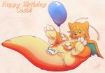  2016 3_toes absurd_res anthro balloon birthday black_nose blonde_hair canine claws clothed clothing coshi costume digital_drawing_(artwork) digital_media_(artwork) dragonite english_text fox fur hair hi_res male mammal membranous_wings nintendo open_mouth orange_fur pok&eacute;mon pok&eacute;mon_(species) pok&eacute;mon_costume scalie simple_background smile solo stormdragonblue text toe_claws toes video_games wings 
