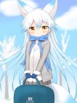  animal_ears bag bangs blue_bow blue_gloves blue_hair blue_shirt blue_sky blurry blurry_background blush bow brown_eyes closed_mouth cloud day depth_of_field eyebrows_visible_through_hair fox_ears fox_girl fox_tail fur-trimmed_sleeves fur_trim gloves grey_jacket grey_skirt hair_between_eyes highres holding holding_bag jacket japari_symbol kemono_friends long_hair long_sleeves looking_at_viewer necktie open_clothes open_jacket outdoors pleated_skirt shin01571 shiroi-kitakitsune_(kemono_friends) shirt skirt sky smile solo striped striped_bow tail very_long_hair vest white_neckwear white_vest 