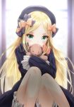 abigail_williams_(fate/grand_order) anzu_yoshihiro bangs black_bow black_dress black_hat blonde_hair bloomers blurry blurry_background blush bow bug butterfly commentary_request covered_mouth depth_of_field dress eyebrows_visible_through_hair fate/grand_order fate_(series) forehead green_eyes hair_bow hat head_tilt highres insect long_hair long_sleeves object_hug orange_bow parted_bangs sleeves_past_fingers sleeves_past_wrists solo stuffed_animal stuffed_toy tears teddy_bear underwear very_long_hair white_bloomers 