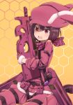  :d animal_ears animal_hat bandana boots brown_eyes brown_footwear bullpup bunny_ears bunny_hat commentary fur-trimmed_gloves fur_trim gloves gun hat honeycomb_(pattern) honeycomb_background jacket llenn_(sao) lo_xueming long_sleeves looking_at_viewer object_hug open_mouth p-chan_(p-90) p90 pants pink_bandana pink_gloves pink_hat pink_jacket pink_pants red_eyes sitting smile solo submachine_gun sword_art_online sword_art_online_alternative:_gun_gale_online upper_teeth weapon 