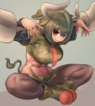  abs animal_ears ankle_boots aurochs_(kemono_friends) bangs black_legwear boots breasts brown_eyes camouflage camouflage_shirt camouflage_skirt closed_mouth collared_shirt cow_ears cow_horns cow_tail crop_top dark_green_hair dark_skin dated empty_eyes eyebrows eyebrows_visible_through_hair eyelashes eyes_visible_through_hair green_footwear green_hair green_shirt green_skirt groin hair_between_eyes hands_up hori_(hori_no_su) horns kemono_friends knees_apart_feet_together large_breasts leaning leaning_forward long_sleeves microskirt muscle muscular_female navel necktie pantyhose red_neckwear shirt short_hair short_sleeves signature sitting skirt smile solo stomach tail tail_raised v-shaped_eyebrows weapon 