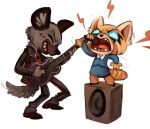  aggressive_retsuko anthro bass chibi clothed clothing duo female guitar haida hyena male mammal microphone musical_instrument playing red_panda retsuko sharkie19_(artist) singing standing 