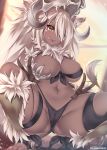  animal_ears ass bangs bare_shoulders black_panties blush breasts cameltoe commentary_request dark_skin eyepatch fur-trimmed_legwear fur_collar fur_trim gloves hair_over_one_eye high_orc_(monster_girl_encyclopedia) kanachirou large_breasts legs long_hair looking_at_viewer monster_girl monster_girl_encyclopedia navel panties skull smile solo squatting tail thighs tongue tongue_out underwear white_hair yellow_eyes 