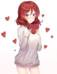  atychi blush box commentary eyebrows_visible_through_hair gift gift_box heart heart-shaped_box highres looking_at_viewer love_live! love_live!_school_idol_project medium_hair naked_sweater nishikino_maki purple_eyes red_hair solo sweater valentine 
